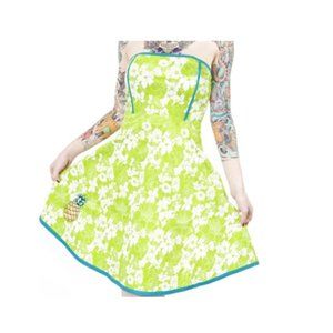 Green & White Floral Print Strapless Pineapple Dress Tiki Hawaiian Retro Pinup